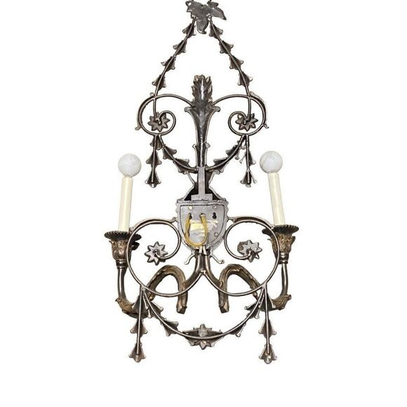 Antique Early 1900s  Neoclassical Style Wall Sconce Intricate Mixed Metal - Picture 9 of 9